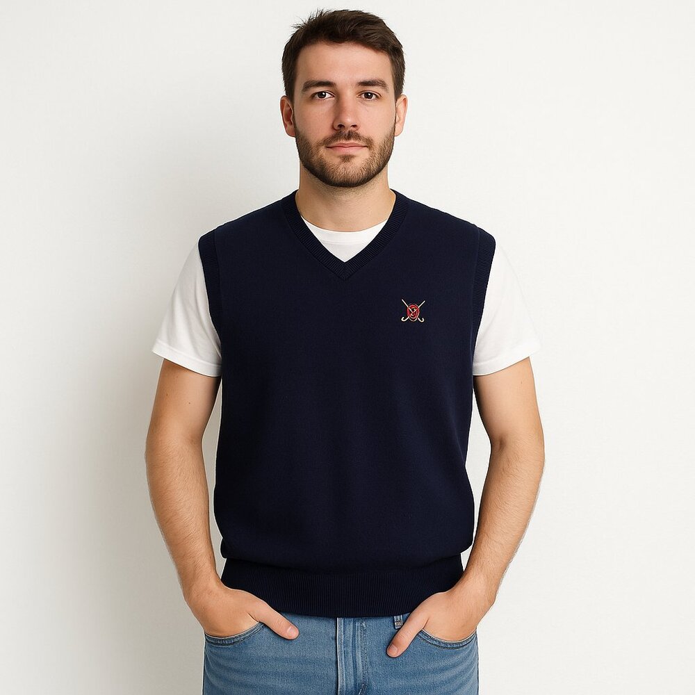 POLO GOLF Ralph Lauren Cotton Sweater Vest Navy Blue Embroidered Golf Crest L